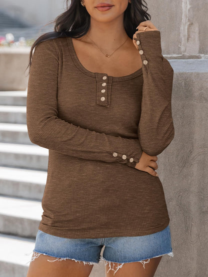 Kissfix Womens Long Sleeve Shirts Going Out Fall Clothes Casual Henley Tops Ribbed Knit Blouses Fashion Trendy Outfits