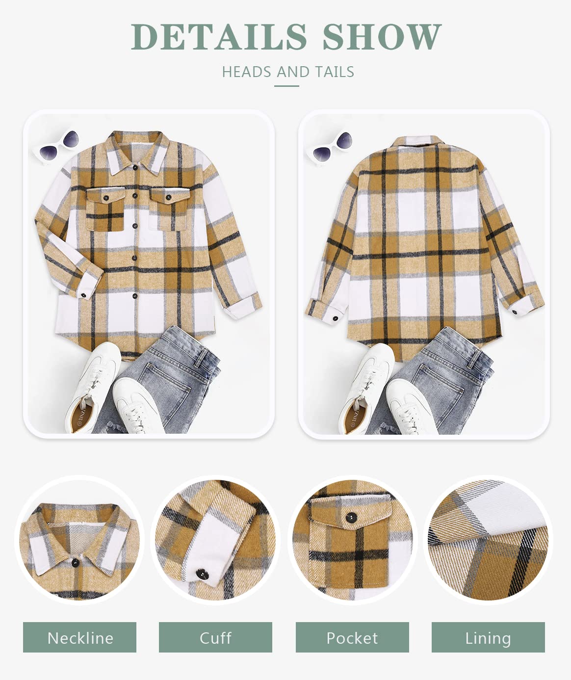Beaully Women's Flannel Plaid Shacket Long Sleeve Button Down Shirts Jacket Coats with Side Pockets