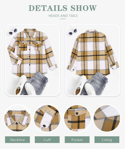 Beaully Women's Flannel Plaid Shacket Long Sleeve Button Down Shirts Jacket Coats with Side Pockets