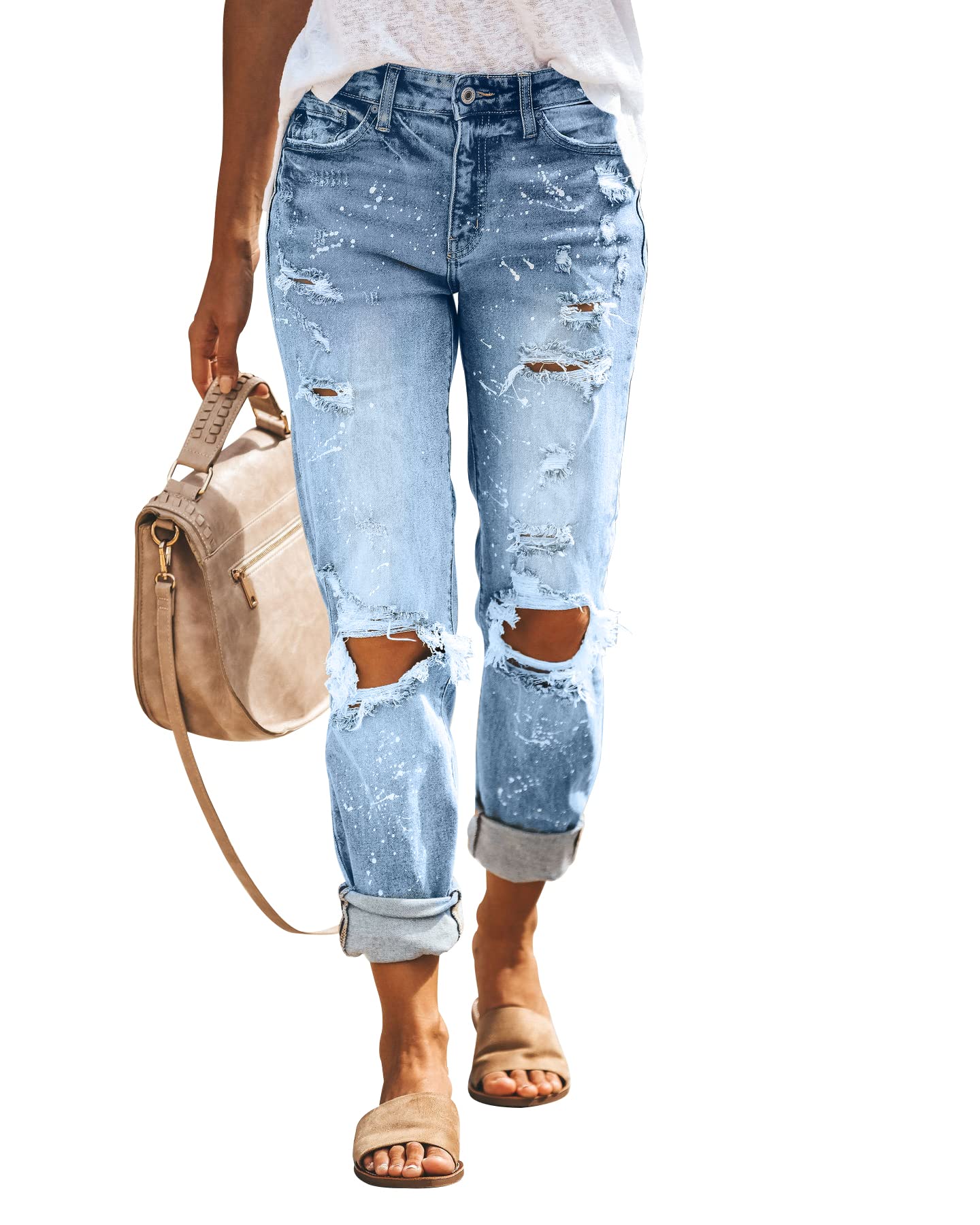 KUNMI Women's Ripped Mid Waisted Boyfriend Jeans Loose Fit Distressed Stretchy Denim Pants