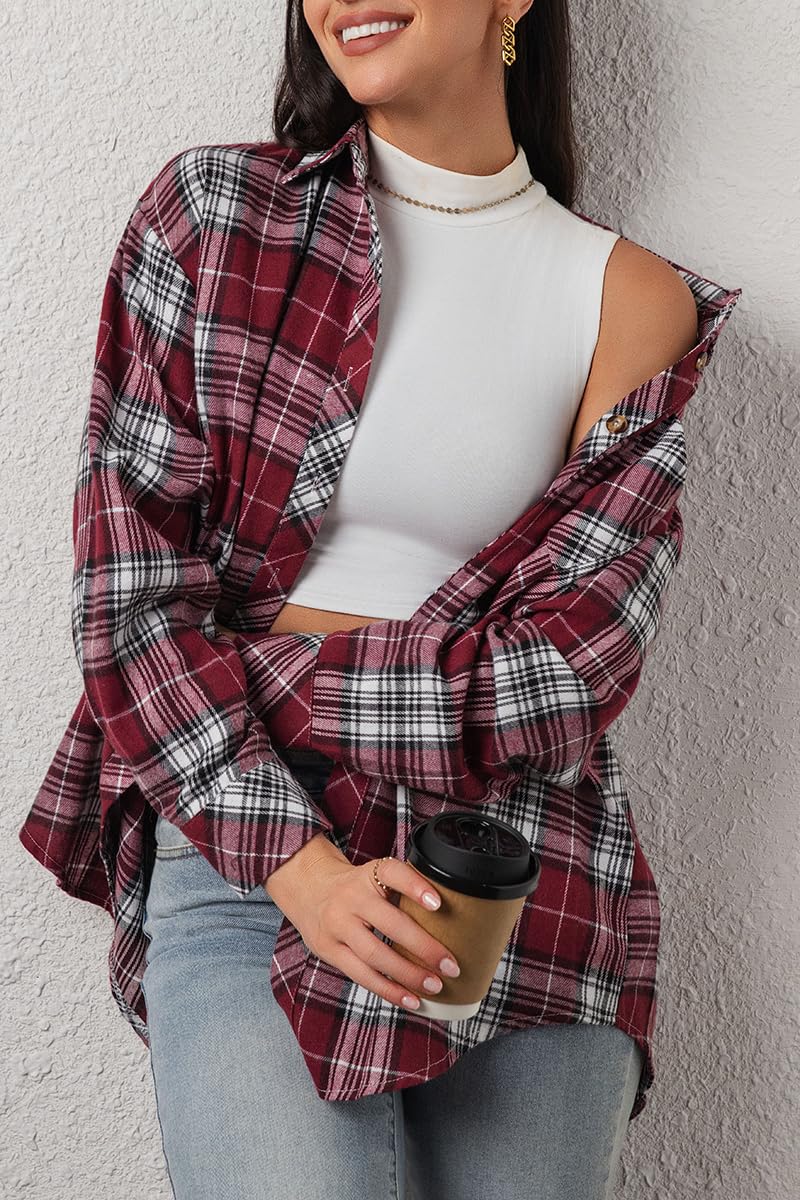 CHYRII Womens Button Down Flannel Shirts Long Sleeve Plaid Shackets Business Casual Blouse Top