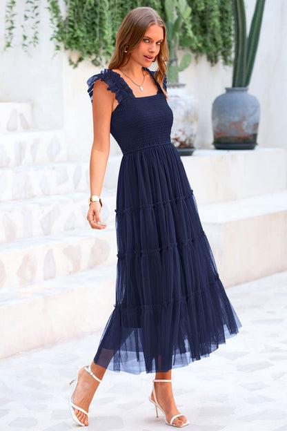 PRETTYGARDEN Women's 2024 Summer Midi Dress Casual Sleeveless Smocked Ruffle Tulle Flowy Party Wedding Guest Sundress