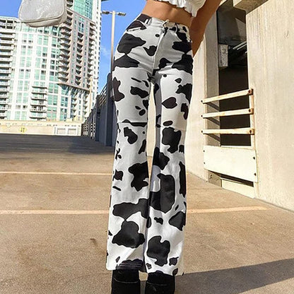 NATHGAM Women Denim Flare Pants High Waisted Y2k Cow Print Bell Bottom Jeans Soft Fashion Bootcut Skinny Trousers with Pocket