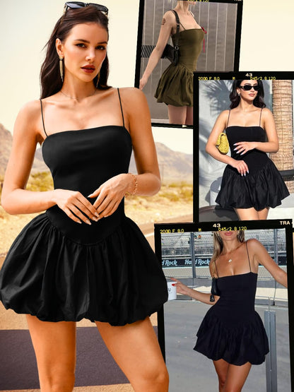 Bubble Corset Dress, Drop Waist Sexy Spaghetti Strap, Going Out Birthday, Square Neck Mini Dresses for Women