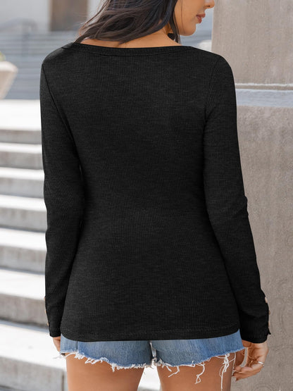 Kissfix Womens Long Sleeve Shirts Going Out Fall Clothes Casual Henley Tops Ribbed Knit Blouses Fashion Trendy Outfits