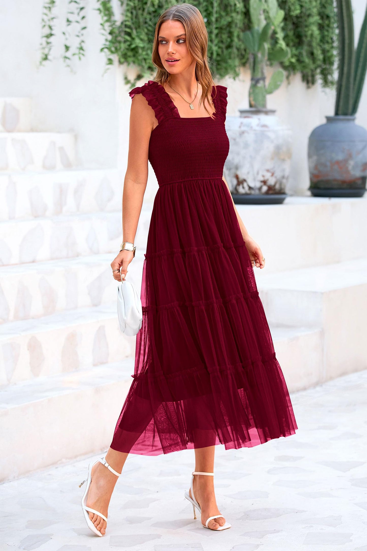PRETTYGARDEN Women's 2024 Summer Midi Dress Casual Sleeveless Smocked Ruffle Tulle Flowy Party Wedding Guest Sundress