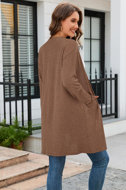 OUGES Women's Open Front Cardigan Shirt with Pockets Long Sleeve Lightweight Coat