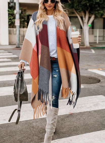 Bestshe Women's Boho Open Front Poncho Knitted Plaid Shawl Wrap Cape Tassel Cardigan Sweater