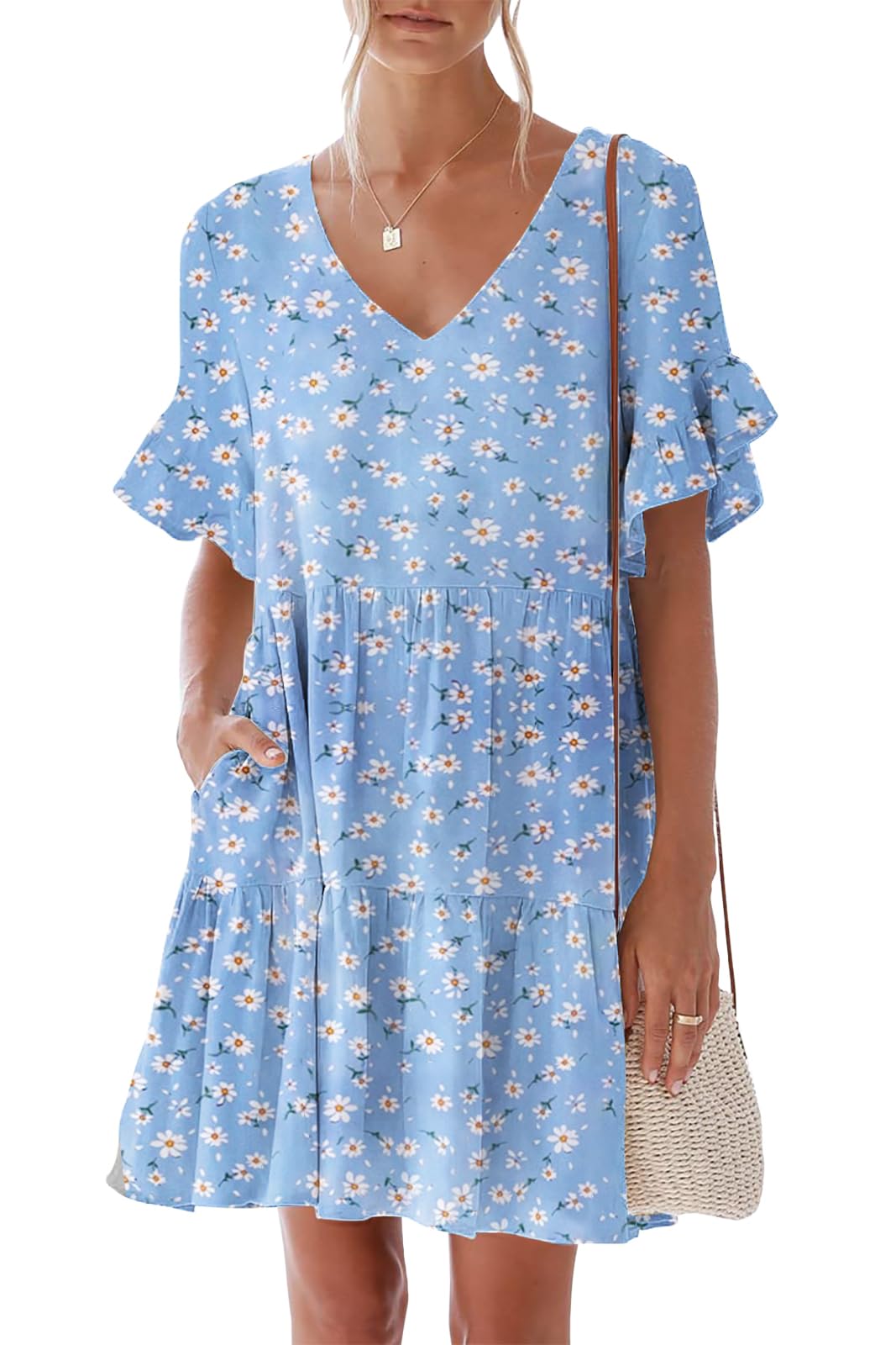 nclook Women's Summer Casual Dress Sweet & Cute V-Neck Mini Dress with Pocket Short Sleevele Ruffle Dress