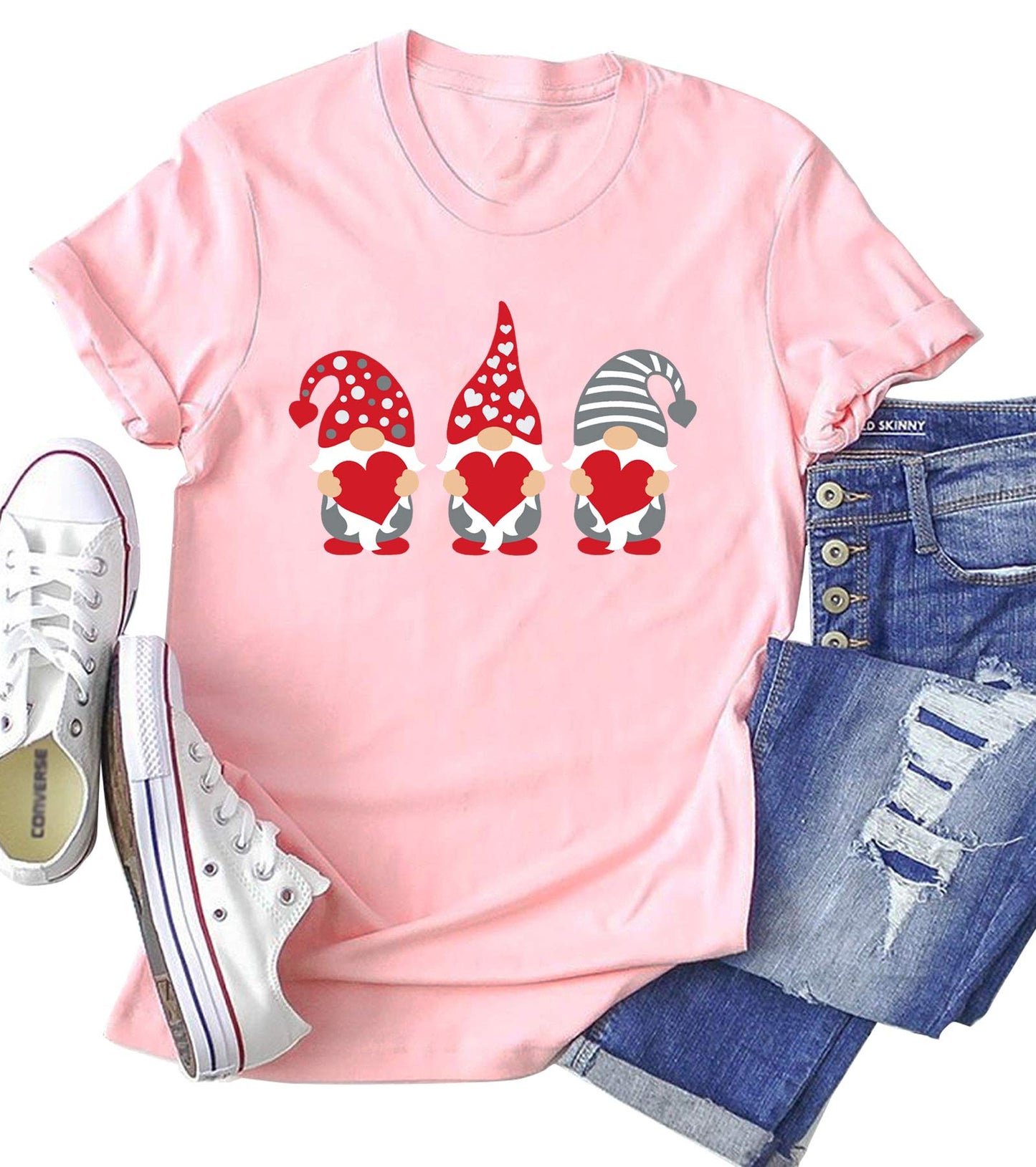 Valentine's Day Shirt for Womens Cute Gnomes T-Shirt Love Heart Printed Shirts Short Sleeve Graphic Tees Tops