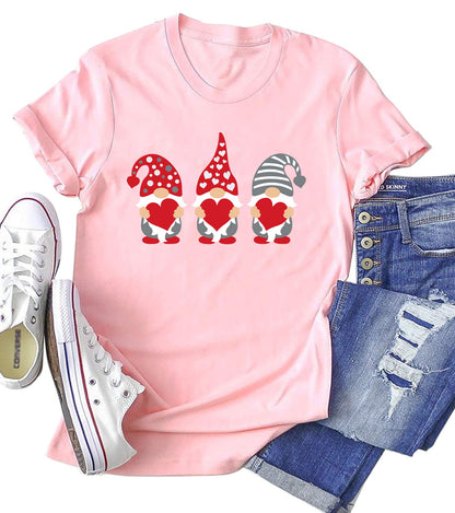 Valentine's Day Shirt for Womens Cute Gnomes T-Shirt Love Heart Printed Shirts Short Sleeve Graphic Tees Tops