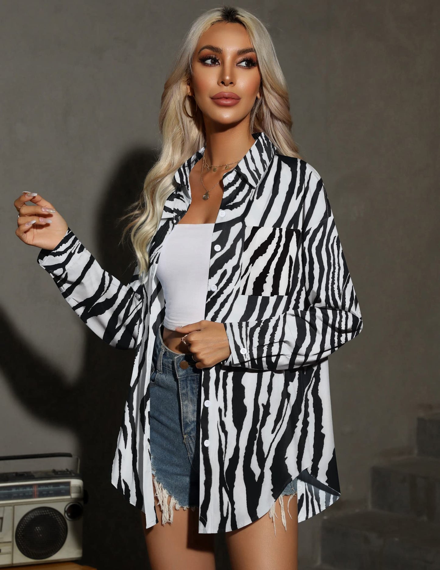 HOTOUCH Women Oversized Button Down Shirts Office Drop Shoulder Blouse Long Sleeve Boyfriend Dress Shirt with Pockets
