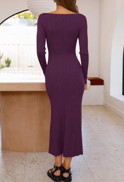 MEROKEETY Women's 2024 Long Sleeve Bodycon Sweater Dress Fall Crew Neck Ribbed Knit Maxi Dresses