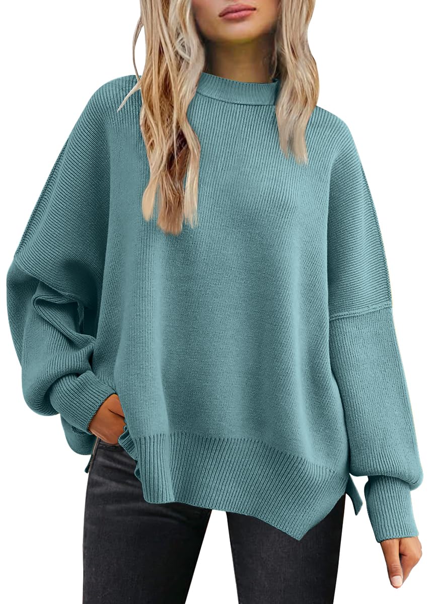 LILLUSORY Women's Oversized Batwing Sweaters 2024 Fall Outfits Crewneck Ribbed Knit Side Slit Trendy Pullover Tops
