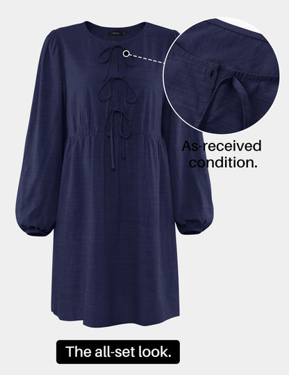 ZESICA Women's Dress Fall Long Puff Sleeve Self Tie Front Babydoll A Line Pleated Cute Mini Tunic Dresses 2025