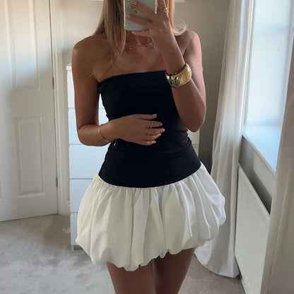 Women Y2k Puff Bubble Dress 2024 Summer Strapless Mini Dress Casual Patchwork Bandeau Tube Corset Party Sundress