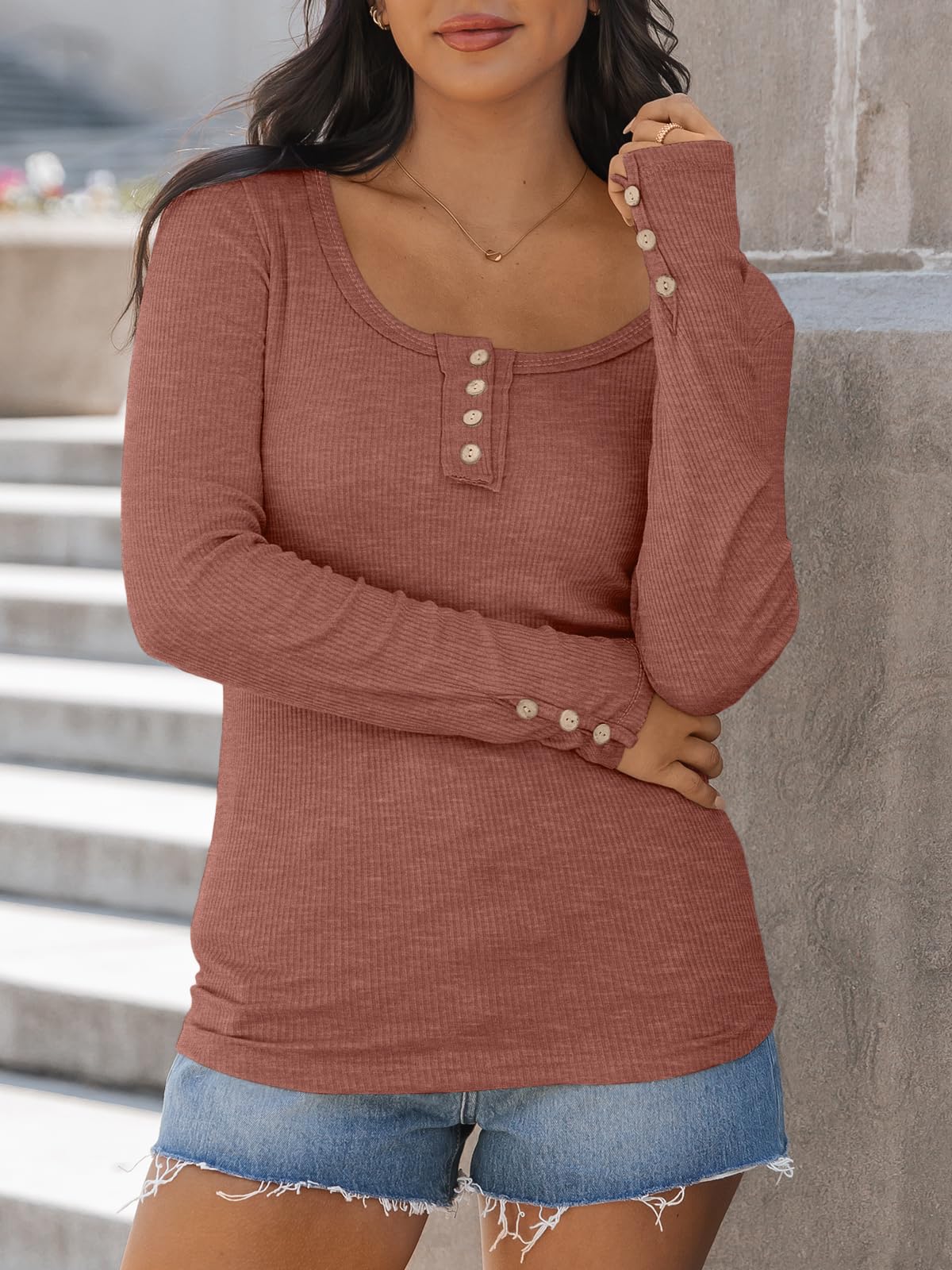 Kissfix Womens Long Sleeve Shirts Going Out Fall Clothes Casual Henley Tops Ribbed Knit Blouses Fashion Trendy Outfits