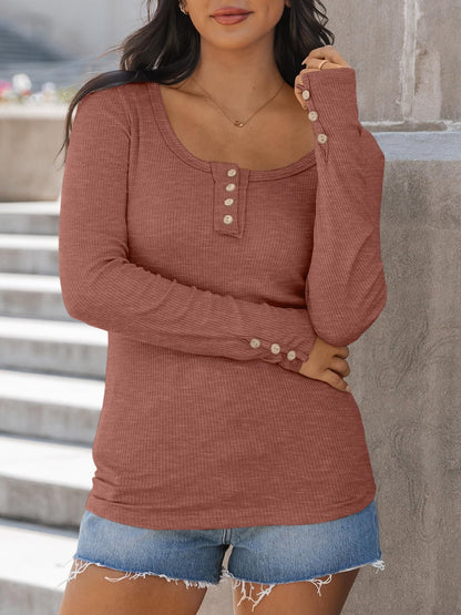Kissfix Womens Long Sleeve Shirts Going Out Fall Clothes Casual Henley Tops Ribbed Knit Blouses Fashion Trendy Outfits