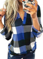 Dokotoo Womens Basic Casual V Neck Plaid Print Cotton Cuffed Long Sleeve Work Tops Blouses Shirts S-3XL