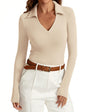 Womens Long Sleeve V Neck Polo Shirts Business Casual Collared Work Top Slim Fitted Basic 2024 Fall Shirt