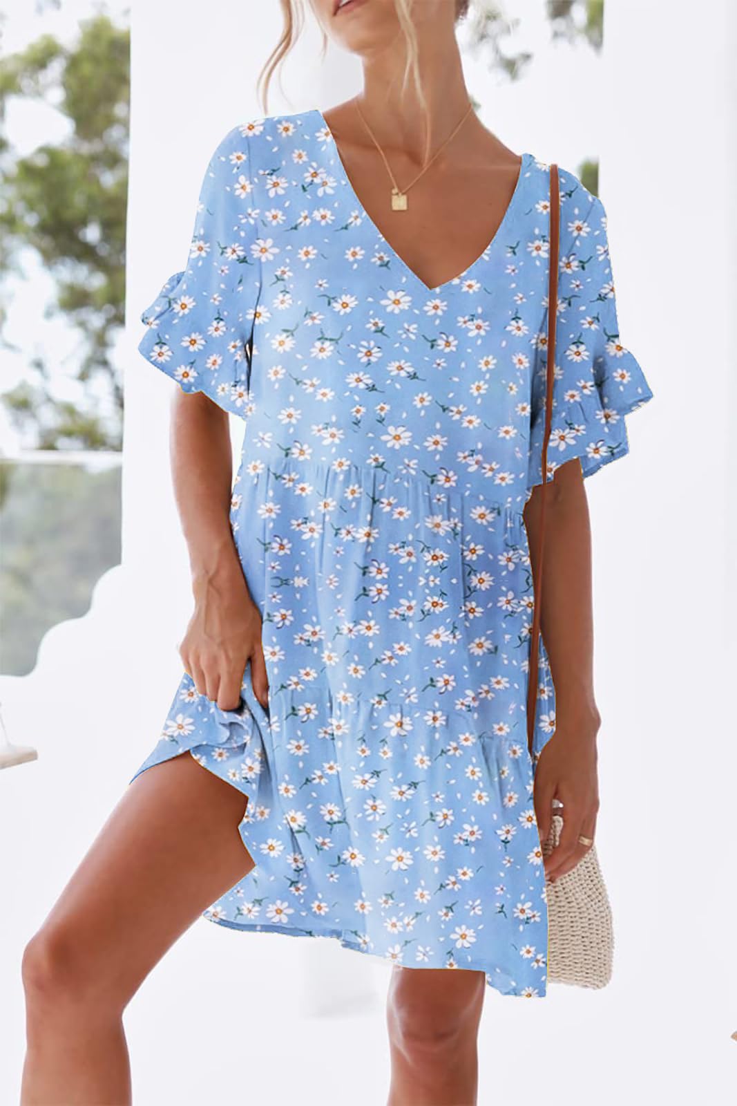 nclook Women's Summer Casual Dress Sweet & Cute V-Neck Mini Dress with Pocket Short Sleevele Ruffle Dress
