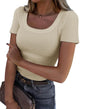Roselux Women's Summer Scoop Neck Short Sleeve T-Shirts Ribbed Knit Slim Fitted Casual Basic Top