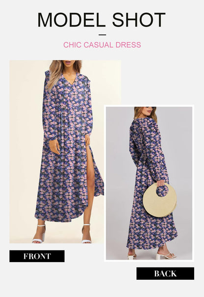 BLENCOT Womens Casual Boho Deep V Neck Short Sleeve Long Dress