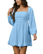 HYPERFIRE Women's Square Neck Pleated Long Sleeve Mini Dress Smocked A Lind Bubble Wedding Dresses