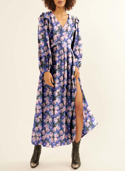 BLENCOT Womens Casual Boho Deep V Neck Short Sleeve Long Dress