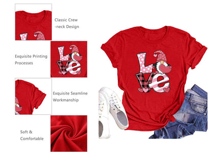Valentine's Day Shirt for Womens Cute Gnomes T-Shirt Love Heart Printed Shirts Short Sleeve Graphic Tees Tops