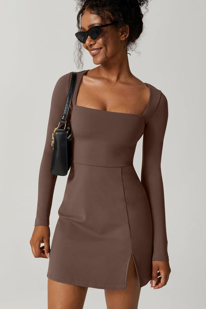 QINSEN Womens Square Neck Bodice Dress Long Sleeve Side Slit Flare Mini Dresses