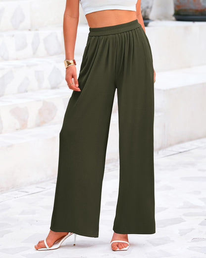 BTFBM Women's Casual Wide Leg Pants Summer Fall Clothes Pleated Elastic Waist Loose Palazzo Knit Trousers with Pockets