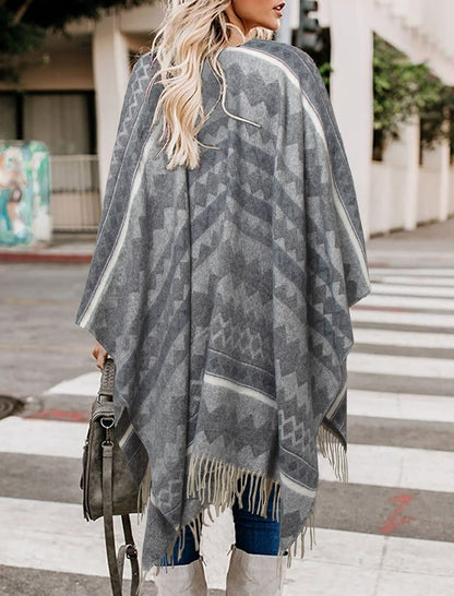 Bestshe Women's Boho Open Front Poncho Knitted Plaid Shawl Wrap Cape Tassel Cardigan Sweater
