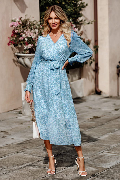 PRETTYGARDEN Women's Floral Print Boho Dress Long Sleeve Wrap V Neck Ruffle Belted A-Line Flowy Maxi Dresses
