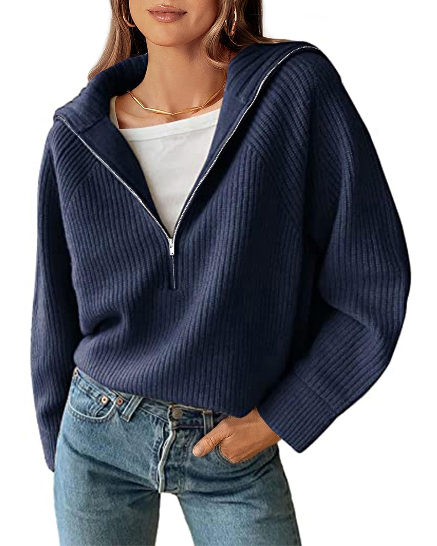 BTFBM Women’s Casual Long Sleeve Half Zip Pullover Sweaters Solid V Neck Collar Ribbed Knitted Loose Slouchy Jumper Tops