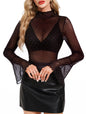 BBX Lephsnt Women Sheer Mesh Tops Long Bell Sleeve Rhinestone Top Mock Neck Blouses Sparkle Glitter Shirts See Through Tee
