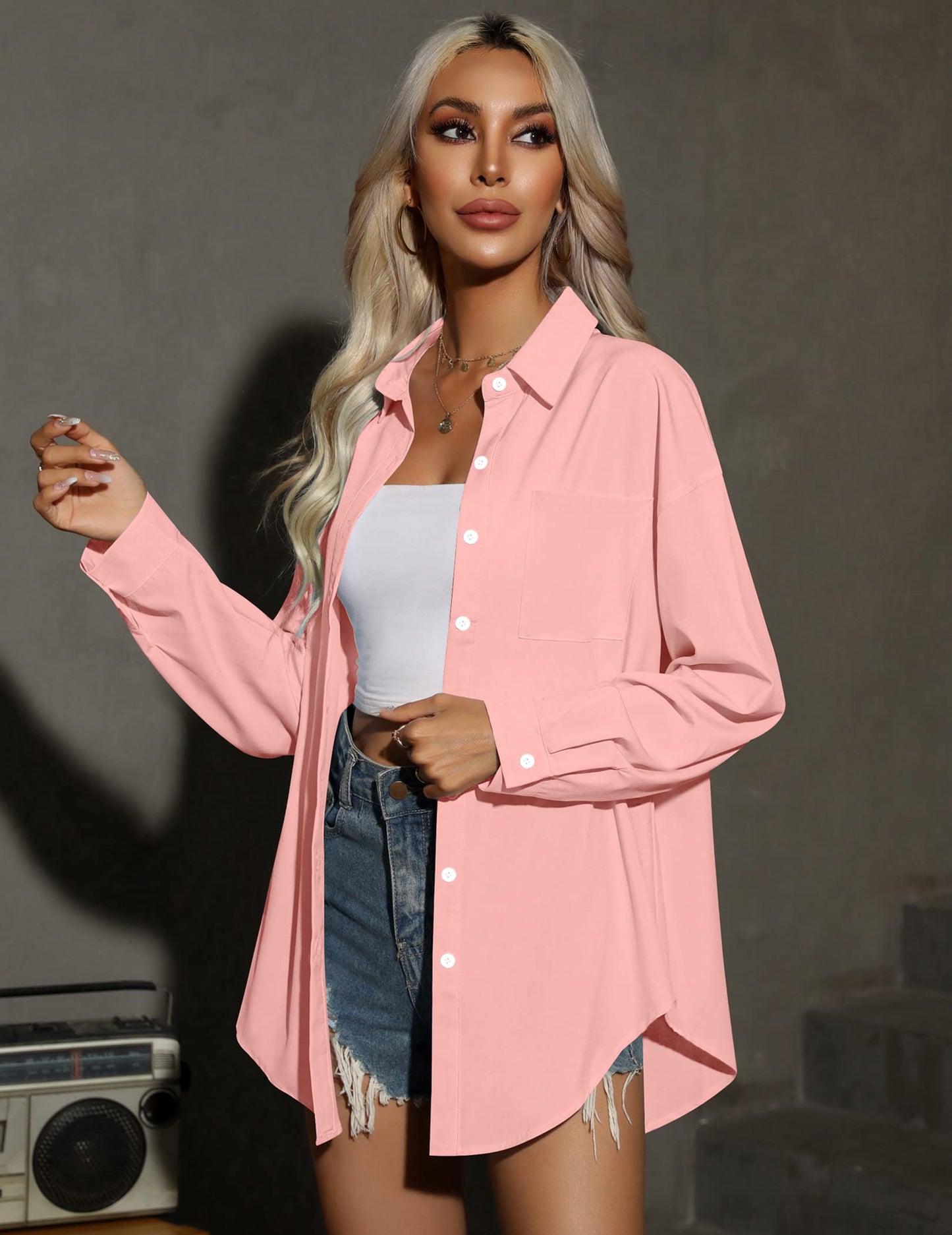 HOTOUCH Women Oversized Button Down Shirts Office Drop Shoulder Blouse Long Sleeve Boyfriend Dress Shirt with Pockets