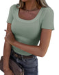 Roselux Women's Summer Scoop Neck Short Sleeve T-Shirts Ribbed Knit Slim Fitted Casual Basic Top