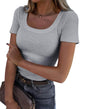 Roselux Women's Summer Scoop Neck Short Sleeve T-Shirts Ribbed Knit Slim Fitted Casual Basic Top