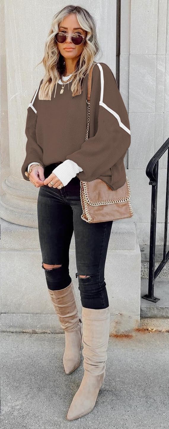 ETCYY Womens Oversized Sweaters Fall 2024 Fashion Clothes Trendy Batwing Sleeve Colorblock Striped Knit Pullover Sweater Tops
