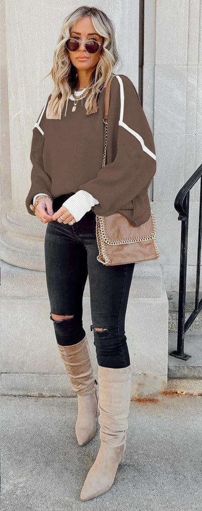 ETCYY Womens Oversized Sweaters Fall 2024 Fashion Clothes Trendy Batwing Sleeve Colorblock Striped Knit Pullover Sweater Tops