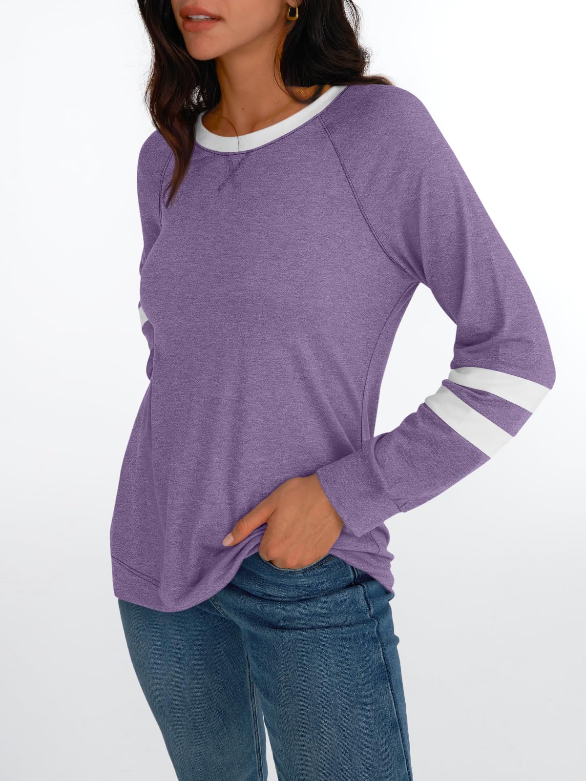 AUTOMET Womens Long Sleeve Shirts Color Block Casual Crewneck Tops Tshirt Basic Tees Fall Fashion Clothes Trendy Outfits