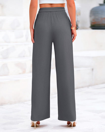 BTFBM Women's Casual Wide Leg Pants Summer Fall Clothes Pleated Elastic Waist Loose Palazzo Knit Trousers with Pockets
