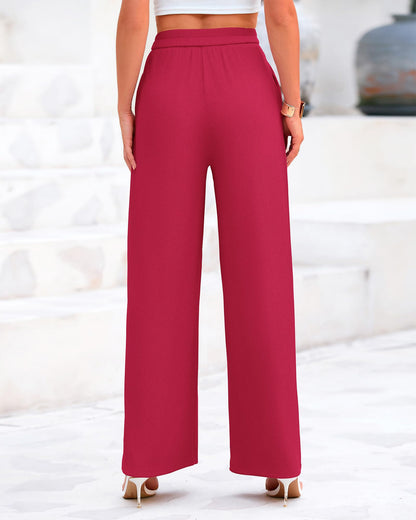 BTFBM Women's Casual Wide Leg Pants Summer Fall Clothes Pleated Elastic Waist Loose Palazzo Knit Trousers with Pockets