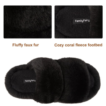 FamilyFairy Women's Fluffy Faux Fur Slippers Comfy Open Toe Two Band Slides with Fleece Lining and Rubber Sole