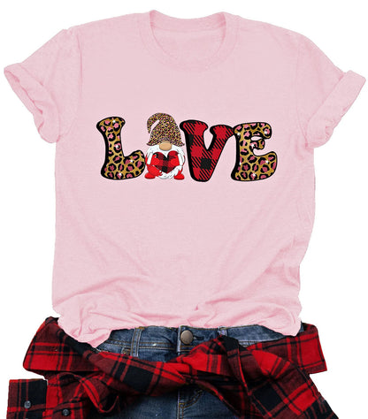 Valentine's Day Shirt for Womens Cute Gnomes T-Shirt Love Heart Printed Shirts Short Sleeve Graphic Tees Tops
