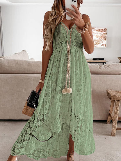 CUPSHE Women's Maxi Dress Lace Dresses Boho Tassel V-Neck Flare Ruffle Adjustable Straps Beach Summer Long Dress