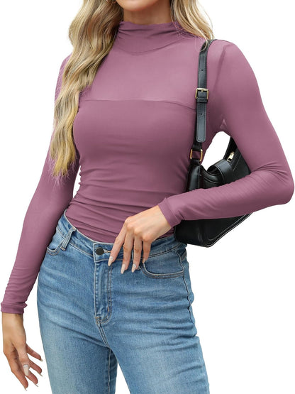 Zeagoo Women's Sexy Mock Turtle Neck Long Sleeve Tops Sheer Mesh Ruched Trendy Going Out Shirts Blouse