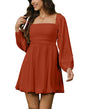 HYPERFIRE Women's Square Neck Pleated Long Sleeve Mini Dress Smocked A Lind Bubble Wedding Dresses