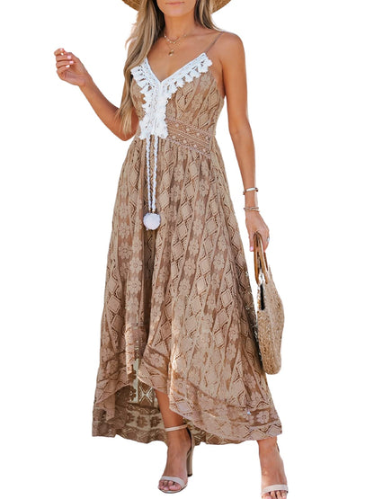 CUPSHE Women's Maxi Dress Lace Dresses Boho Tassel V-Neck Flare Ruffle Adjustable Straps Beach Summer Long Dress